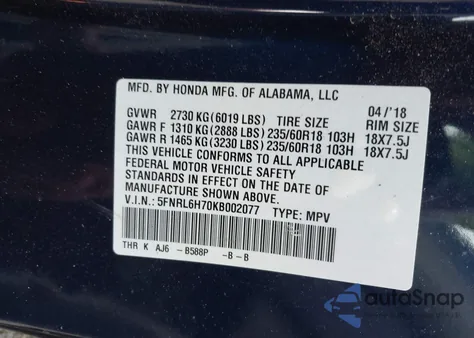 2019 Honda Odyssey Ex-L z USA, uszkodzony, nr VIN 5FNRL6H70KB002077